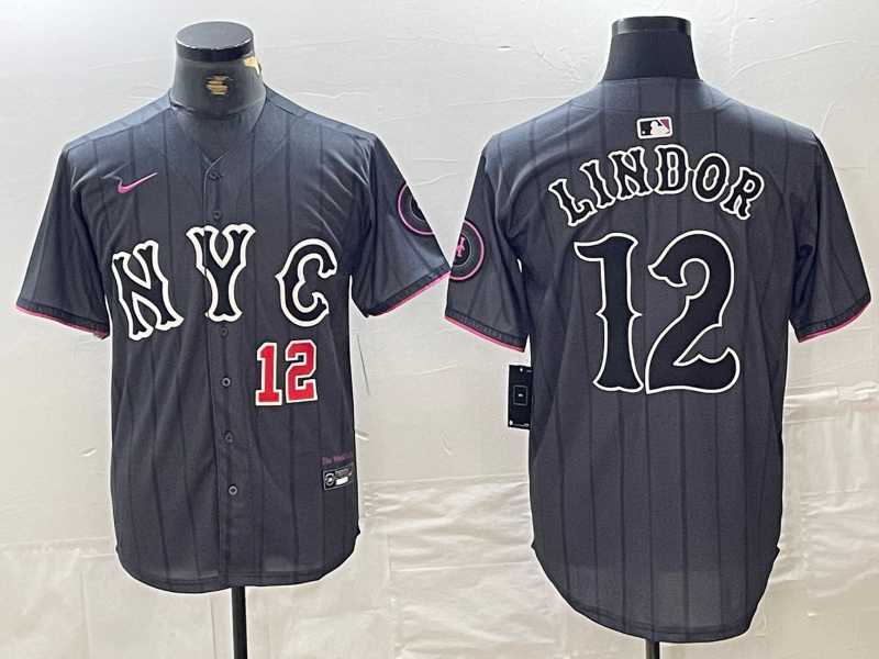 Mens New York Mets #12 Francisco Lindor Number Grey 2024 City Connect Cool Base Stitched Jerseys->new york mets->MLB Jersey